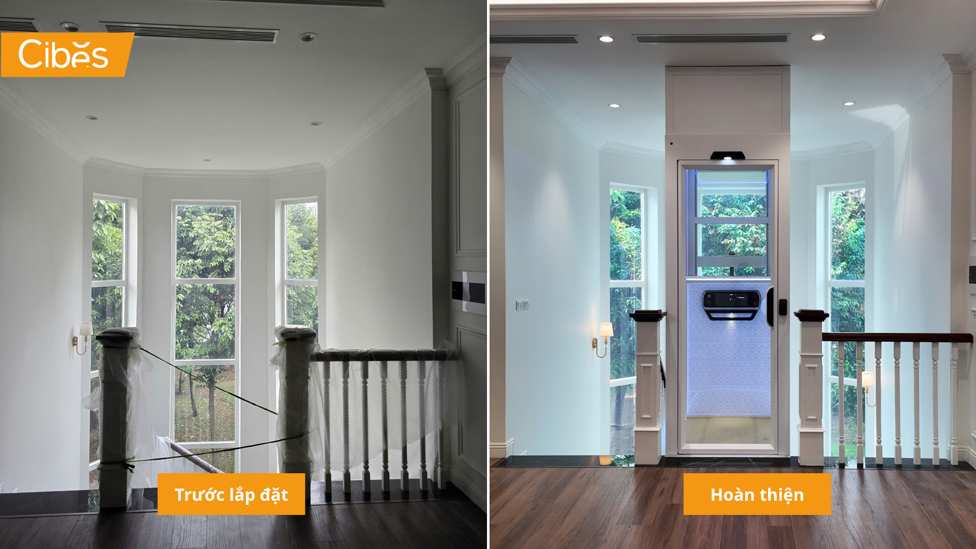 Thang máy tiết kiệm diện tích Cibes V80i trước và sau khi lắp đặt tại biệt thự Sol Villa